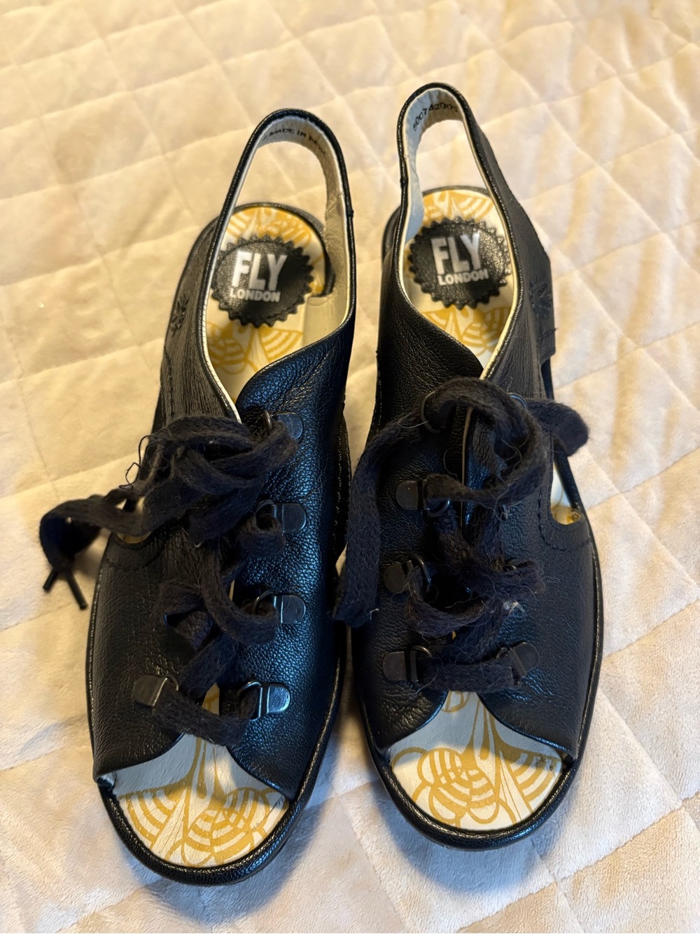 Fly London Black Leather Lace-Up Open-Toe Slingback Sandals